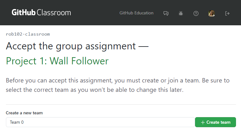 Create a Team for the GitHub Classroom assignment.